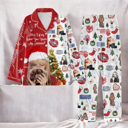 Sabrina Carpenter Think I Only Want You Under My Mistletoe Merry Christmas Button Down Pajamas Set
