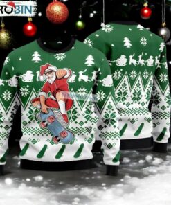 Santa Claus Skateboarding Green Womens Ugly Xmas Sweater
