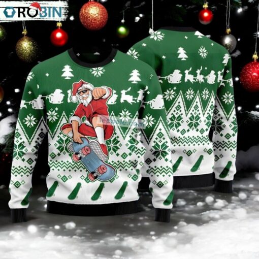 Santa Claus Skateboarding Green Womens Ugly Xmas Sweater