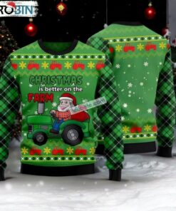 Santa Farmer With Tractor Green Ugliest Ugly Christmas Sweater