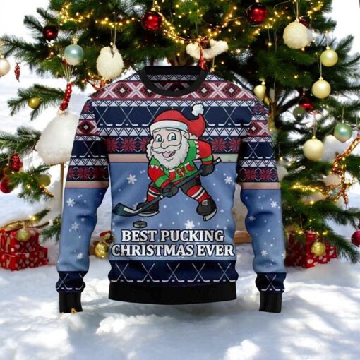 Santa Hockey Pucking 3D Ugly Christmas Sweater