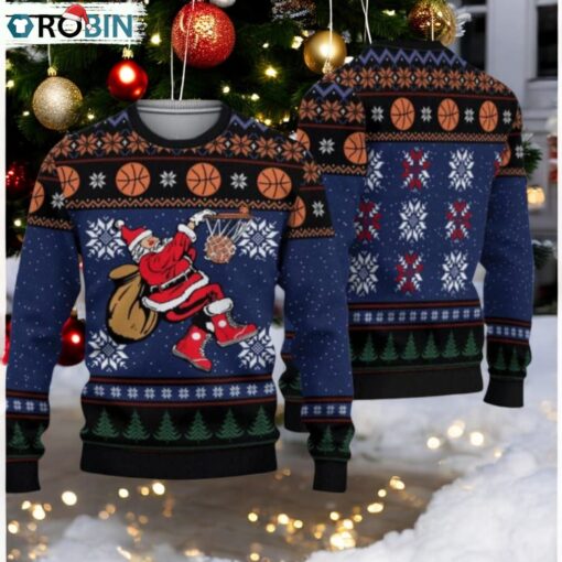 Santa Playing Basketball Sweater, Basketball Santa Ugly Christmas Sweater, Santa Xmas