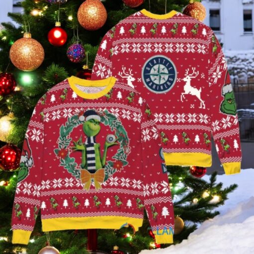 Seattle Mariners x Grinch Dr. Seuss How the Grinch Stole Christmas MLB with World Series Trophy Ugly Christmas Sweater Red