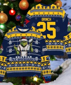 Seattle Seahawks x Grinch Christmas Dr. Seuss How the Grinch Stole Christmas with Super Bowl Trophy Custom Ugly Christmas Sweater