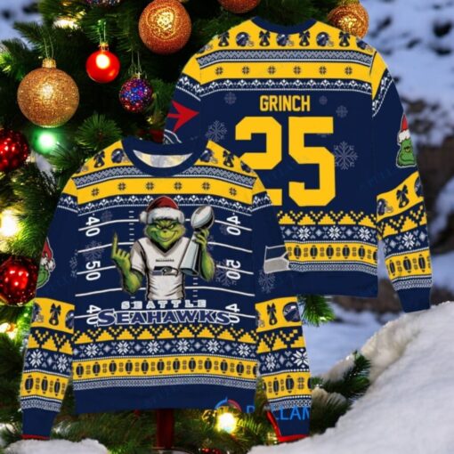 Seattle Seahawks x Grinch Christmas Dr. Seuss How the Grinch Stole Christmas with Super Bowl Trophy Custom Ugly Christmas Sweater