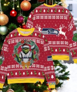 Seattle Seahawks x Grinch NFL Dr. Seuss How the Grinch Stole Christmas with Super Bowl Trophy Ugly Christmas Sweater Red