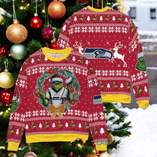 Seattle Seahawks x Grinch NFL Dr. Seuss How the Grinch Stole Christmas with Super Bowl Trophy Ugly Christmas Sweater Red