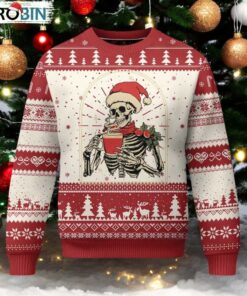 Skeleton Christmas Ugly Christmas Sweater Dead Inside But Caffeinated Coffee Addict Xmas Vibe