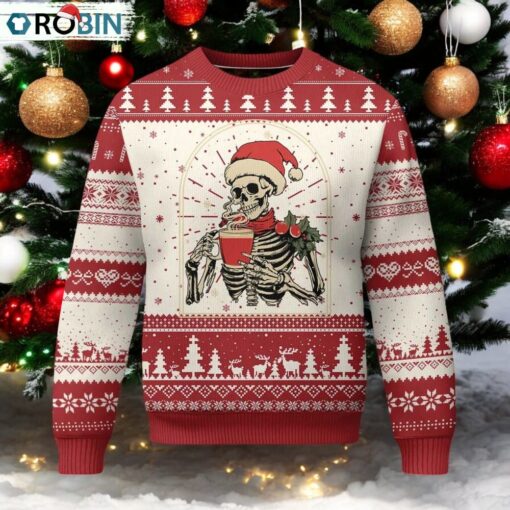 Skeleton Christmas Ugly Christmas Sweater Dead Inside But Caffeinated Coffee Addict Xmas Vibe