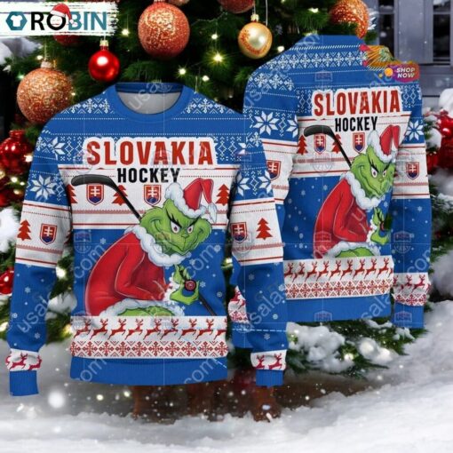 Slovakia Ice Hockey Team Grinch Hockey Stick Ugly Christmas Sweater