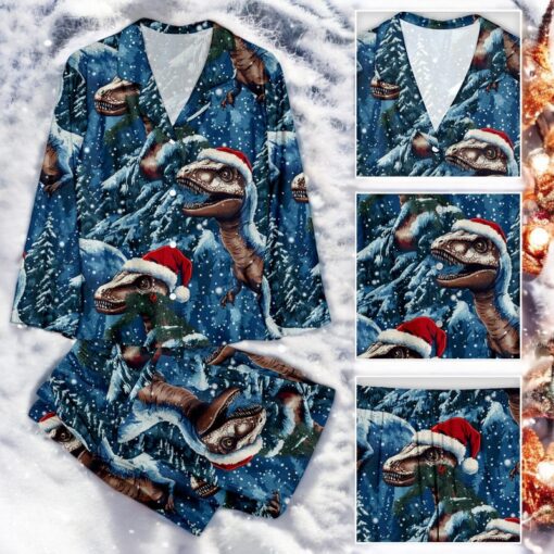 Snow Christmas Jurassic Dinosaur Family Pajamas Set