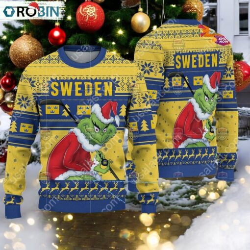 Sweden Ice Hockey Team Grinch Hockey Stick Ugly Christmas Sweater