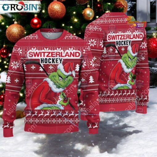Switzerland Ice Hockey Team Grinch Hockey Stick Ugly Christmas Sweater