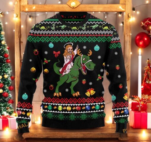 T Rex & Jesus Ugly Xmas 3D Sweater, Great Gift For Christmas