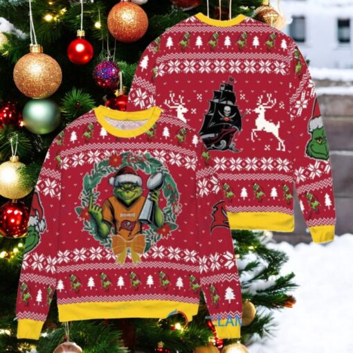 Tampa Bay Buccaneers x Grinch NFL Dr. Seuss How the Grinch Stole Christmas with Super Bowl Trophy Ugly Christmas Sweater Red