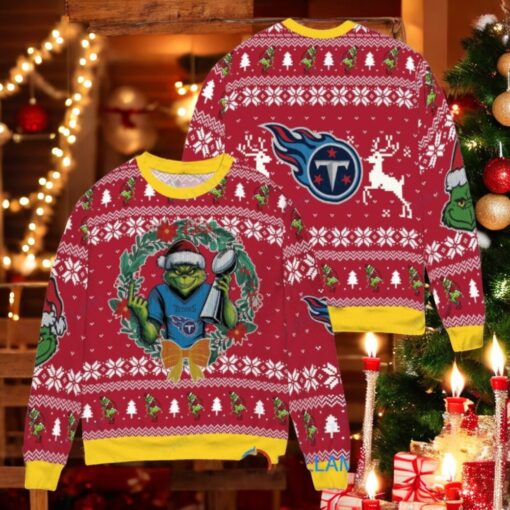 Tennessee Titans x Grinch NFL Dr. Seuss How the Grinch Stole Christmas with Super Bowl Trophy Ugly Christmas Sweater Red