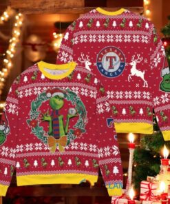Texas Rangers x Grinch Dr. Seuss How the Grinch Stole Christmas MLB with World Series Trophy Ugly Christmas Sweater Red