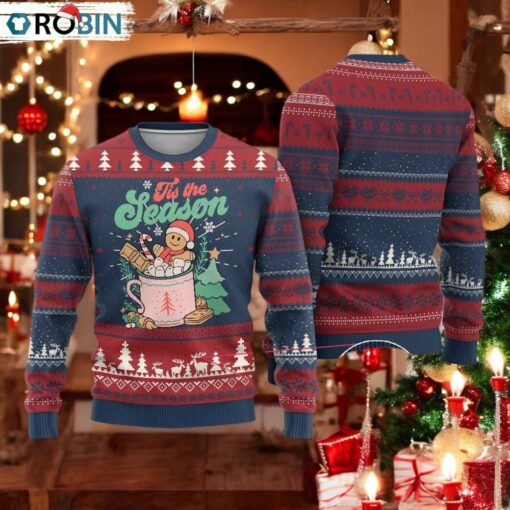 Tis The Season Xmas Ugly Christmas Sweater Groovy Retro Gingerbread Hot Cocoa