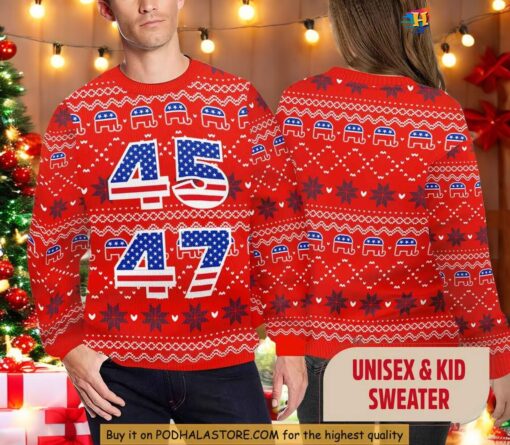 Trump 45 47 Ugly Christmas Sweater, Sweatshirt, Festive MAGA Holiday Sweater 2024