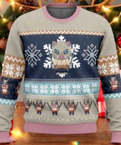 Ugly Inosuke Christmas Sweater, Sweatshirt, Demon Slayer Chibi Holiday Anime Sweater