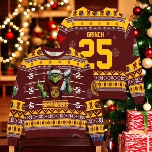 Washington Commanders x Grinch Christmas Dr. Seuss How the Grinch Stole Christmas with Super Bowl Trophy Custom Ugly Christmas Sweater