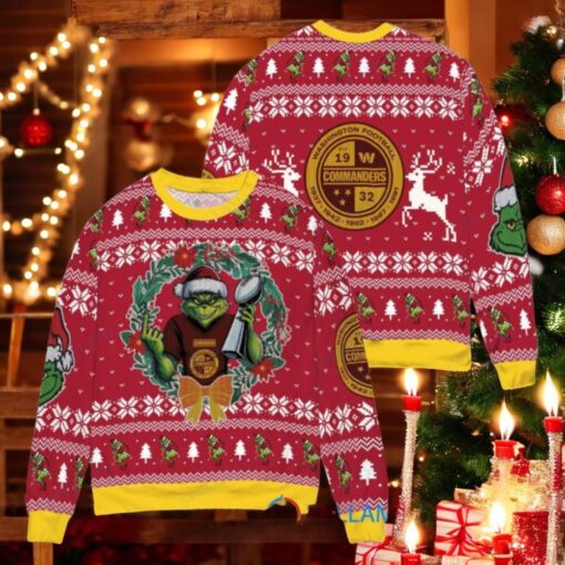 Washington Commanders x Grinch NFL Dr. Seuss How the Grinch Stole Christmas with Super Bowl Trophy Ugly Christmas Sweater Red