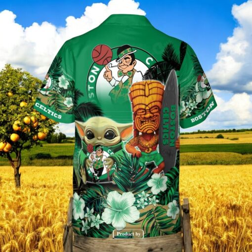 Boston Celtics NBA Baby Yoda Green Leaf Design Beach Summer Hawaiian Shirt