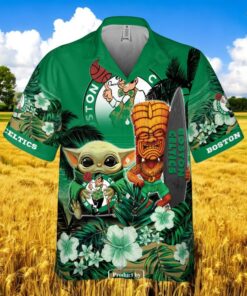 Boston Celtics NBA Baby Yoda Green Leaf Design Beach Summer Hawaiian Shirt