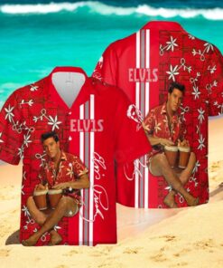 Elvis Presley Tropical Summer Signatures Red Hawaiian Shirt