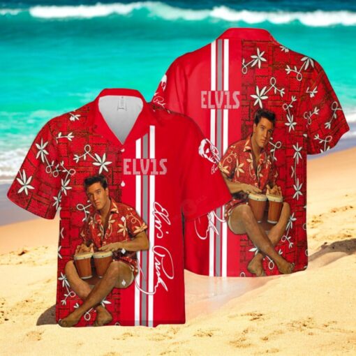 Elvis Presley Tropical Summer Signatures Red Hawaiian Shirt