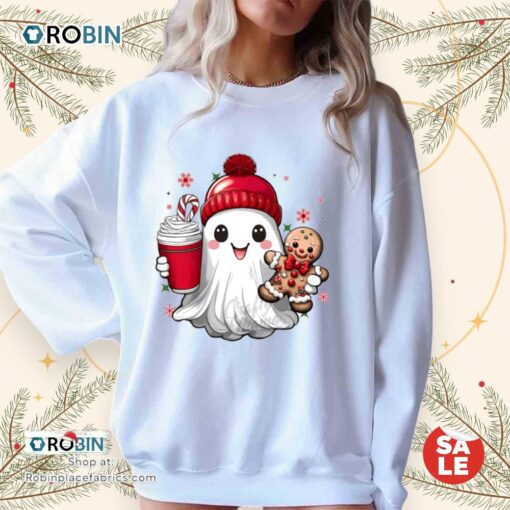 Ghost Hold Coffee And Gingerbread Christmas Unisex Shirt