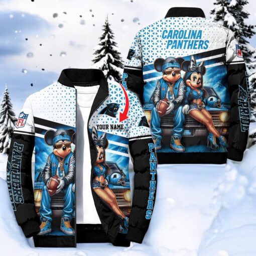 NFL Carolina Panthers Puffer Jacket Mickey Minnie Jacket, Panthers Fan Shirt