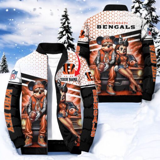 NFL Cincinnati Bengals Puffer Jacket Mickey Minnie Jacket, Cincinnati Bengals Gifts for Fans