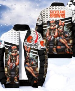 NFL Cleveland Browns Puffer Jacket Mickey Minnie Jacket, Cleveland Browns Gear NFL Cleveland Browns Puffer Jacket Mickey Minnie Jacket, Cleveland Browns Gear