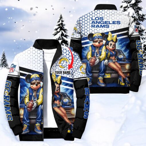NFL Los Angeles Rams Puffer Jacket Mickey Minnie Jacket, Los Angeles Rams Gifts for Fans