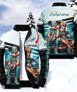NFL Miami Dolphins Puffer Jacket Mickey Minnie Jacket, Miami Dolphins Unique Gifts NFL Miami Dolphins Puffer Jacket Mickey Minnie Jacket, Miami Dolphins Unique Gifts