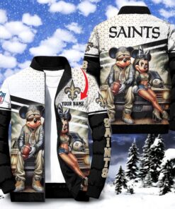 NFL New Orleans Saints Puffer Jacket Mickey Minnie Jacket, Saints Gifts for Fans NFL New Orleans Saints Puffer Jacket Mickey Minnie Jacket, Saints Gifts for Fans