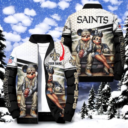 NFL New Orleans Saints Puffer Jacket Mickey Minnie Jacket, Saints Gifts for Fans