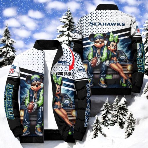 NFL Seattle Seahawks Puffer Jacket Mickey Minnie Jacket, Seattle Seahawks Team Gifts