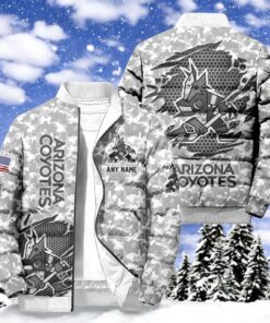 NHL Arizona Coyotes Special Camo Honor Veterans Puffer Jacket, Hockey Team Design Jacket, Coyotes Apparel