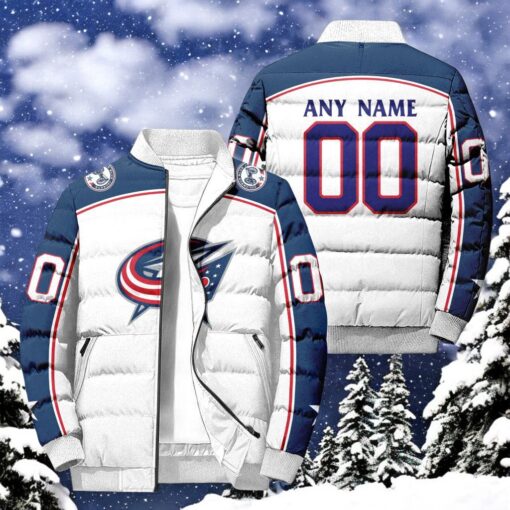 NHL Columbus Blue Jackets Hockey Team Personalized Away New Puffer Jacket, Blue Jackets Team Gifts