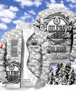 NHL Edmonton Oilers Special Camo Honor Veterans Puffer Jacket, Hockey Team Design Jacket, Edmonton Oilers Gear