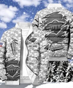 NHL Minnesota Wild Special Camo Honor Veterans Puffer Jacket, Hockey Team Design Jacket, Wild Gifts