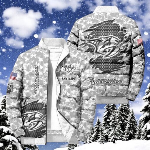 NHL Nashville Predators Special Camo Honor Veterans Puffer Jacket, Hockey Team Design Jacket, Predators Gear