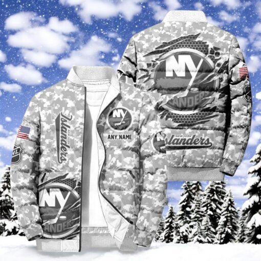 NHL New York Islanders Special Camo Honor Veterans Puffer Jacket, Hockey Team Design Jacket, Islanders Gifts