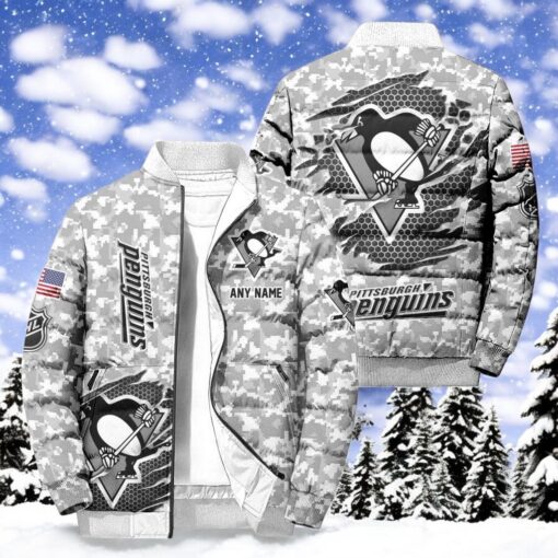NHL Pittsburgh Penguins Special Camo Honor Veterans Puffer Jacket, Hockey Team Design Jacket, Pittsburgh Penguins Fan Shirt