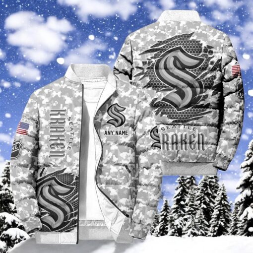NHL Seattle Kraken Special Camo Honor Veterans Puffer Jacket, Hockey Team Design Jacket, Seattle Kraken Gifts for Fans