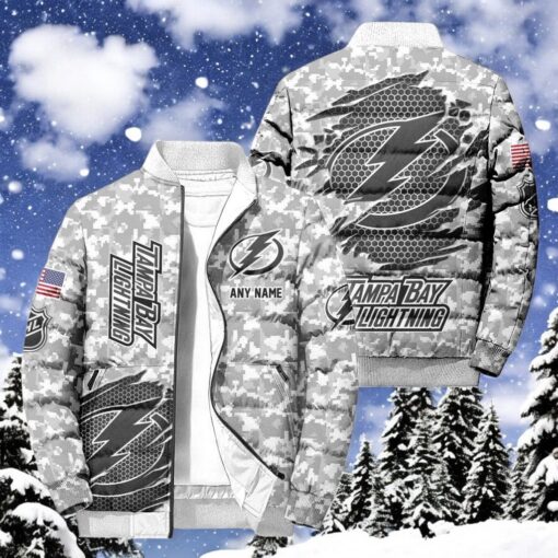 NHL Tampa Bay Lightning Special Camo Honor Veterans Puffer Jacket, Hockey Team Design Jacket, Tampa Bay Lightning Team Gifts