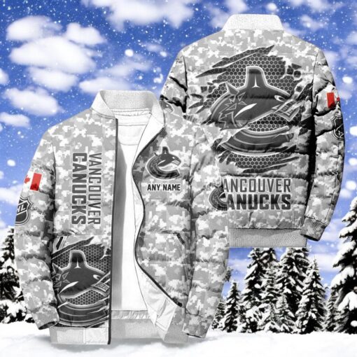 NHL Vancouver Canucks Special Camo Honor Veterans Puffer Jacket, Hockey Team Design Jacket, Vancouver Canucks Gifts for Fans