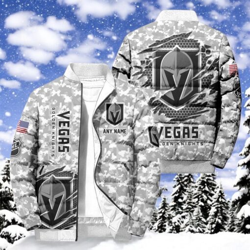 NHL Vegas Golden Knights Special Camo Honor Veterans Puffer Jacket, Hockey Team Design Jacket, Vegas Golden Knights Merch